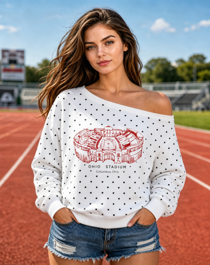 Custom Football Stadium Graphic Polka Dot Off-Shoulder Sweatshirt, Personalized Game Day Tailgate Pullover