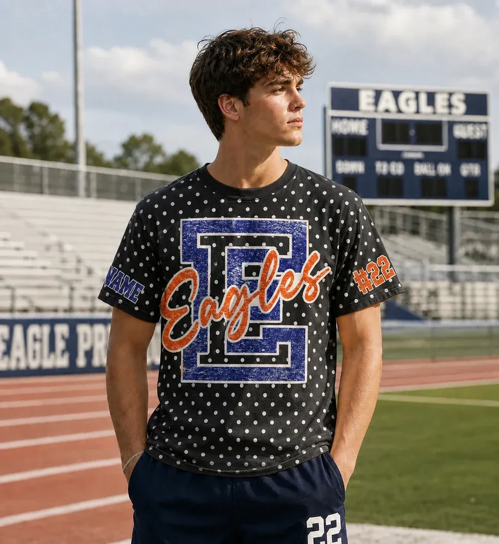 Custom Spirit Shirt – Personalized Team Name & Number Polka Dot T-shirt | Game Day Wear