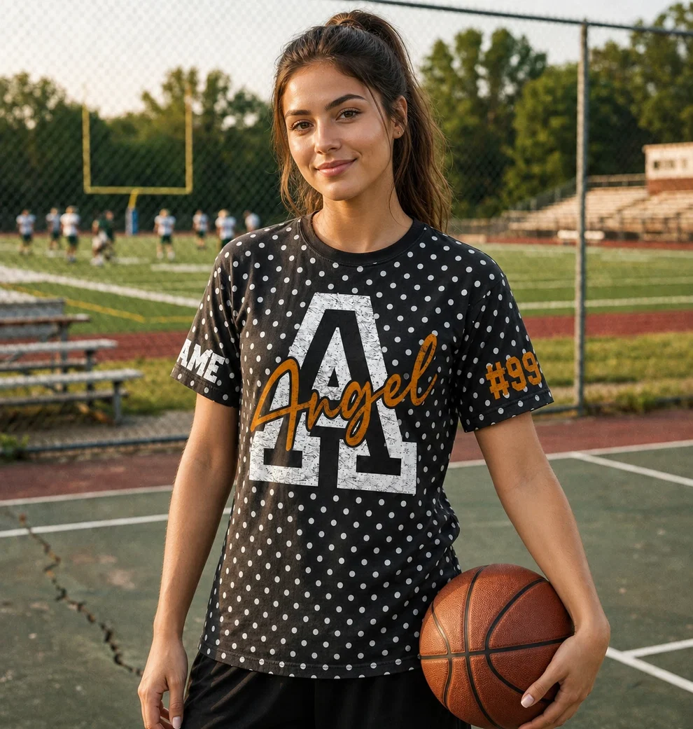 Custom Spirit Shirt – Personalized Team Name & Number Polka Dot T-shirt | Game Day Wear
