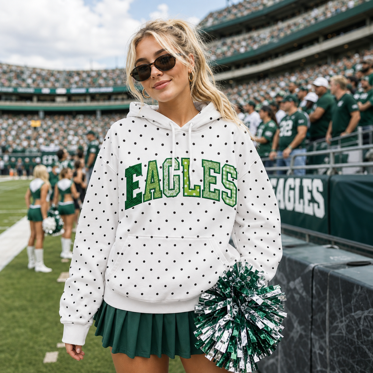 Custom Patchwork Fabric Embroidered Polka Dot Hoodie, Personalized Team and School Name, Game Day Wear