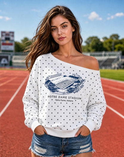 Custom Football Stadium Graphic Polka Dot Off-Shoulder Sweatshirt, Personalized Game Day Tailgate Pullover