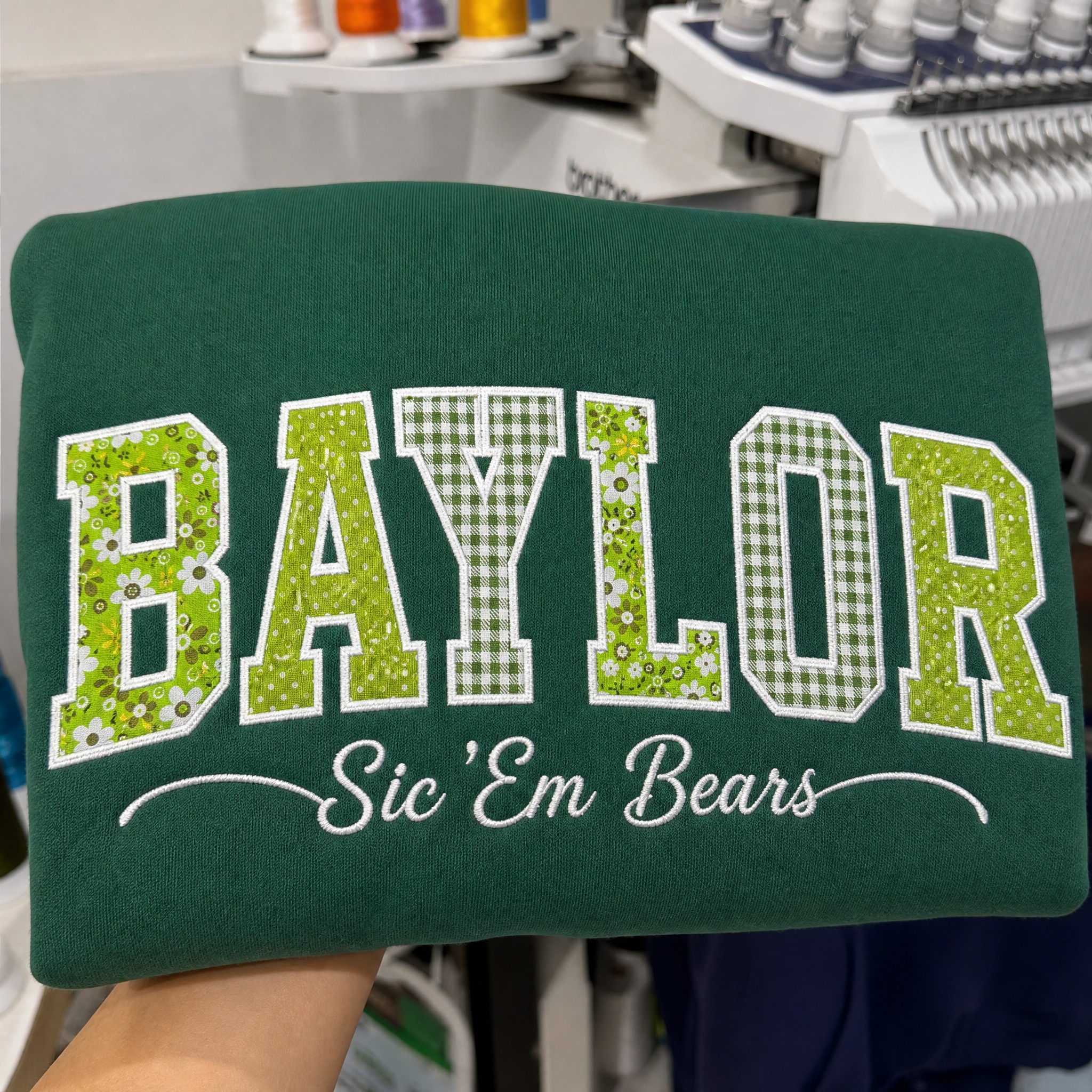 Custom Baylor University Patchwork Fabric Embroidered Sweatshirt, Personalized Floral Varsity College Sweatshirt