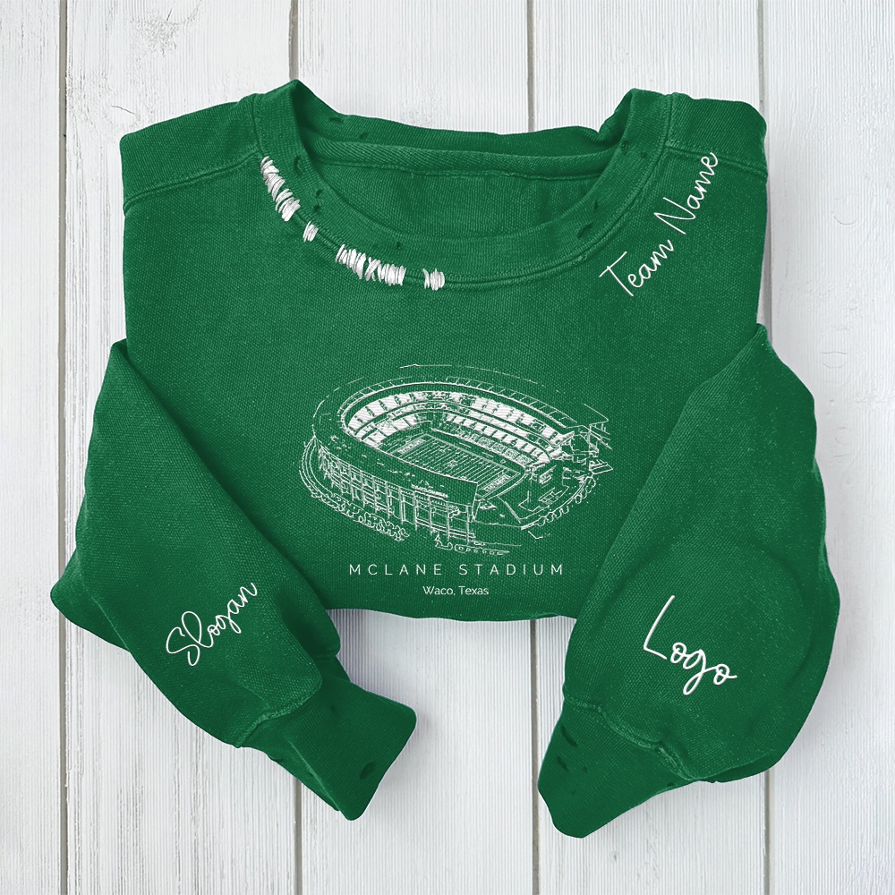 McLane Stadium- Baylor Bears football Unisex Distressed Monogram Collar Sleeve Embroidery Chain Stitch Sweatshirt