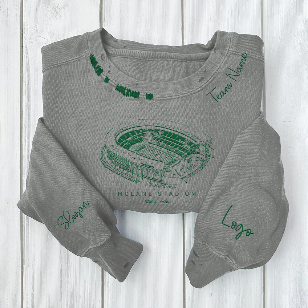 McLane Stadium- Baylor Bears football Unisex Distressed Monogram Collar Sleeve Embroidery Chain Stitch Sweatshirt