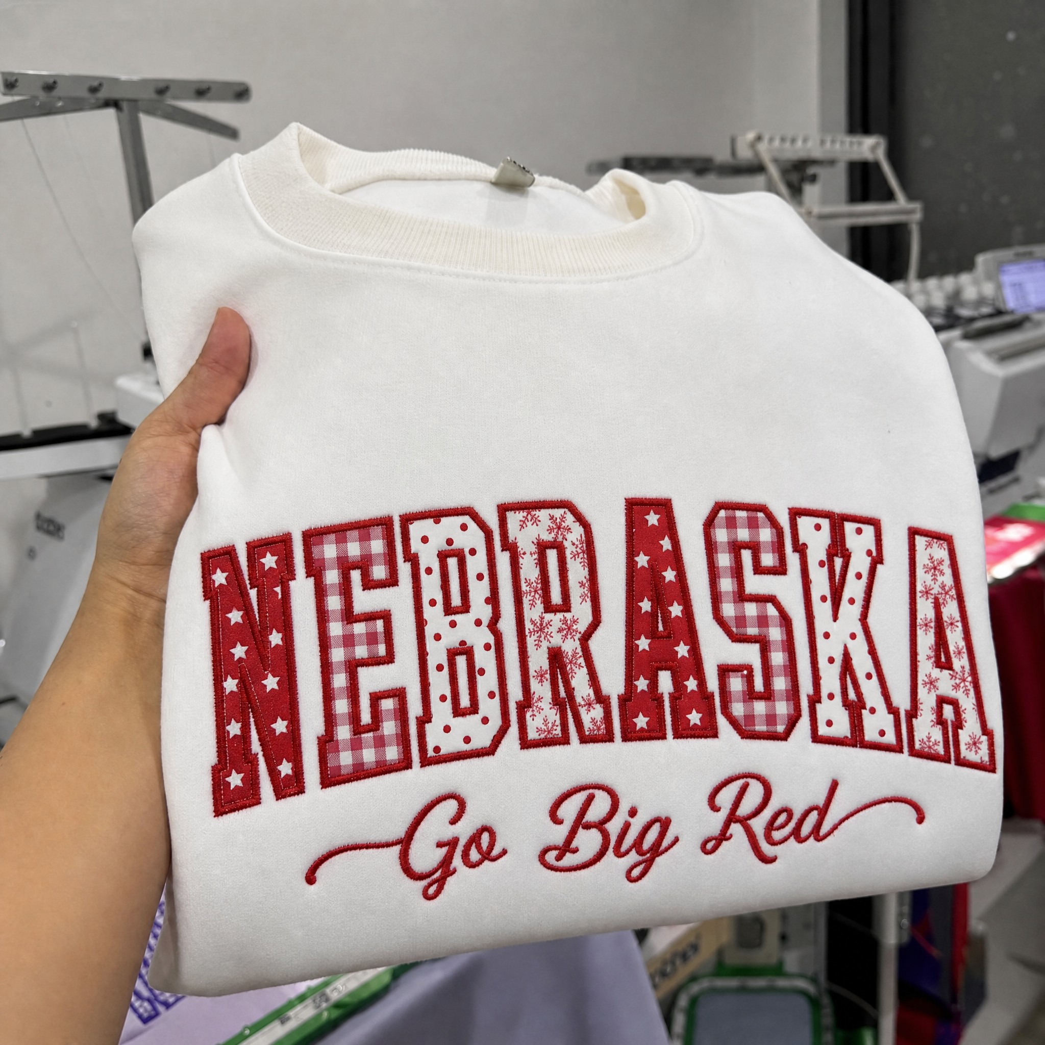 Custom Nebraska Lincoln Patchwork Fabric Embroidered Sweatshirt, Personalized Floral Varsity College Sweatshirt