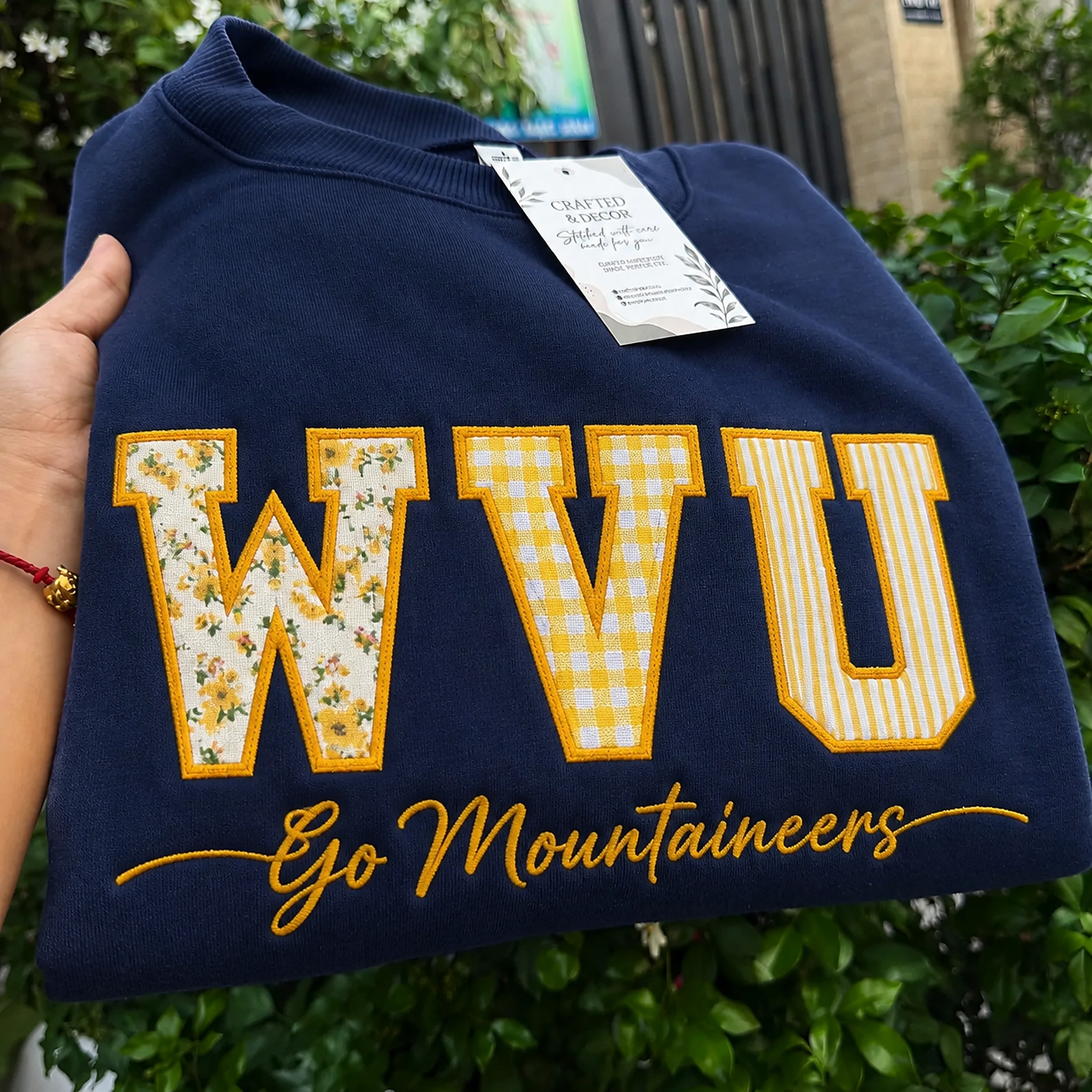 Custom West Virginia Patchwork Fabric Embroidered Sweatshirt, Personalized Floral Varsity College Sweatshirt