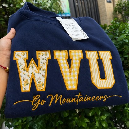 Custom West Virginia Patchwork Fabric Embroidered Sweatshirt, Personalized Floral Varsity College Sweatshirt