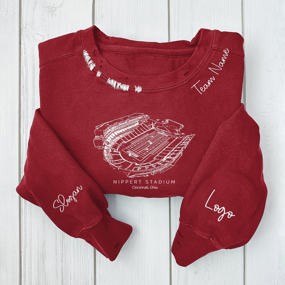 Nippert Stadium - Cincinnati Bearcats football Unisex Distressed Monogram Collar Sleeve Embroidery Chain Stitch Sweatshirt