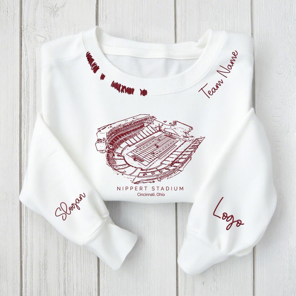 Nippert Stadium - Cincinnati Bearcats football Unisex Distressed Monogram Collar Sleeve Embroidery Chain Stitch Sweatshirt