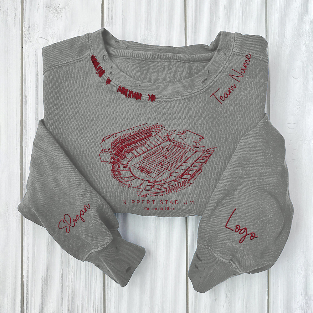 Nippert Stadium - Cincinnati Bearcats football Unisex Distressed Monogram Collar Sleeve Embroidery Chain Stitch Sweatshirt