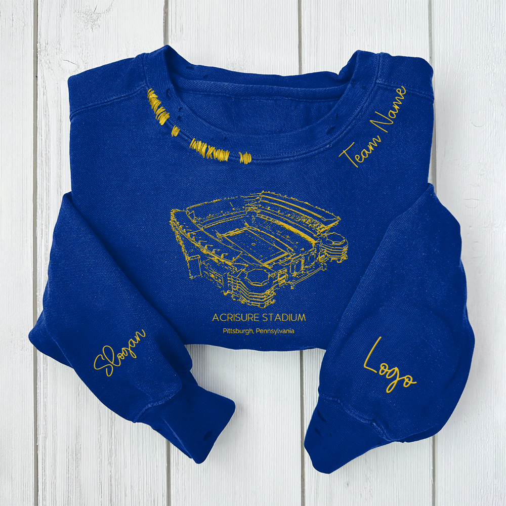 Acrisure Stadium - Pittsburgh Panthers football Unisex Distressed Monogram Collar Sleeve Embroidery Chain Stitch Sweatshirt