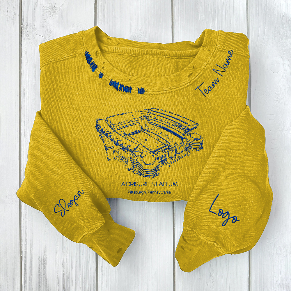 Acrisure Stadium - Pittsburgh Panthers football Unisex Distressed Monogram Collar Sleeve Embroidery Chain Stitch Sweatshirt