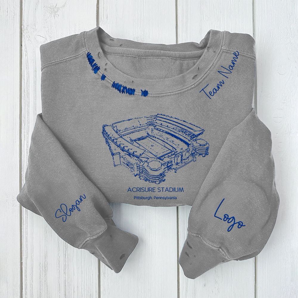 Acrisure Stadium - Pittsburgh Panthers football Unisex Distressed Monogram Collar Sleeve Embroidery Chain Stitch Sweatshirt