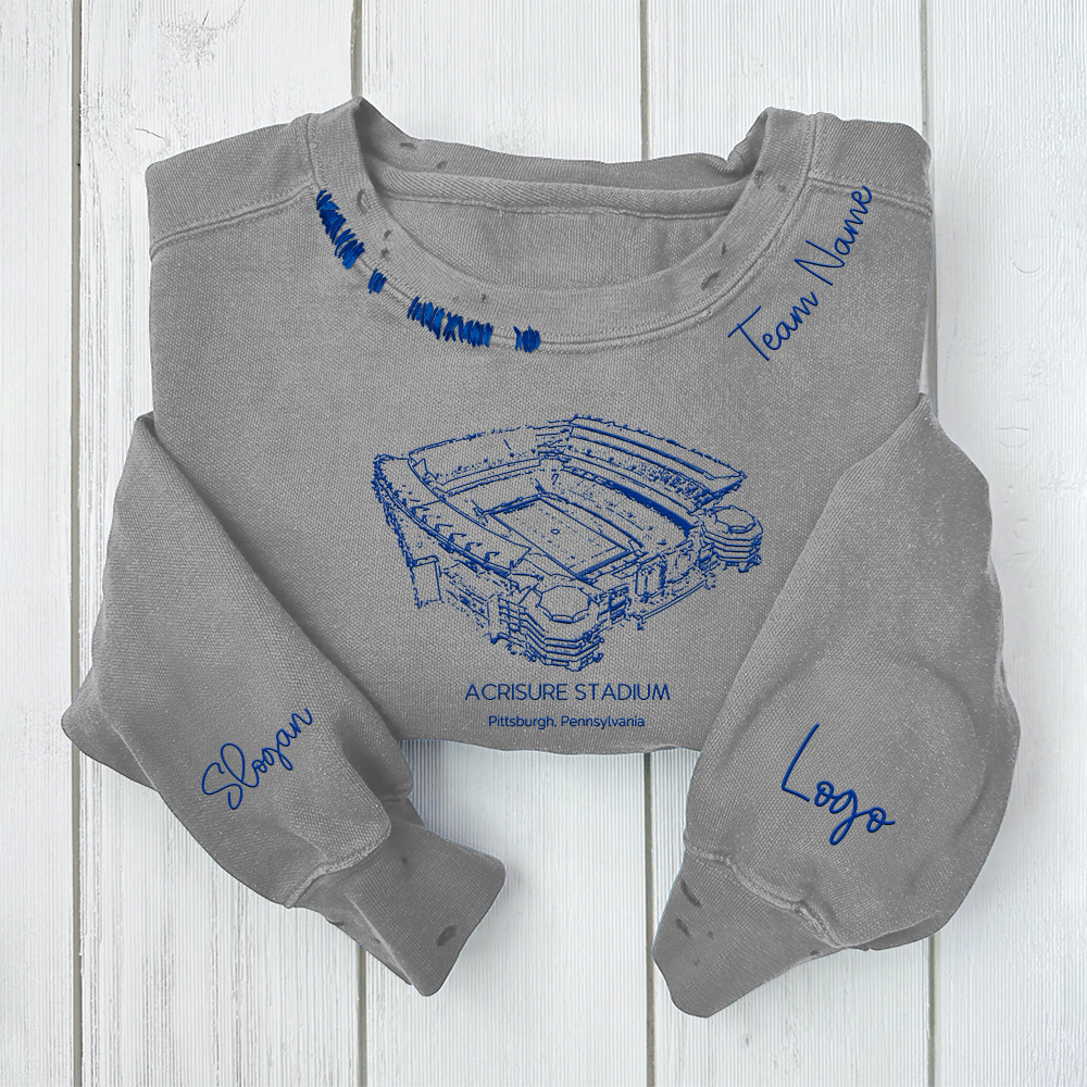 Acrisure Stadium - Pittsburgh Panthers football Unisex Distressed Monogram Collar Sleeve Embroidery Chain Stitch Sweatshirt