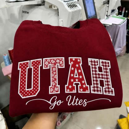 Custom Utah Patchwork Fabric Embroidered Sweatshirt, Personalized Floral Varsity College Sweatshirt