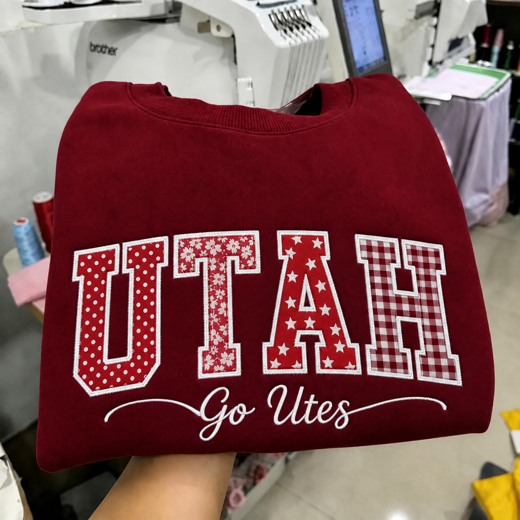 Custom Utah Patchwork Fabric Embroidered Sweatshirt, Personalized Floral Varsity College Sweatshirt