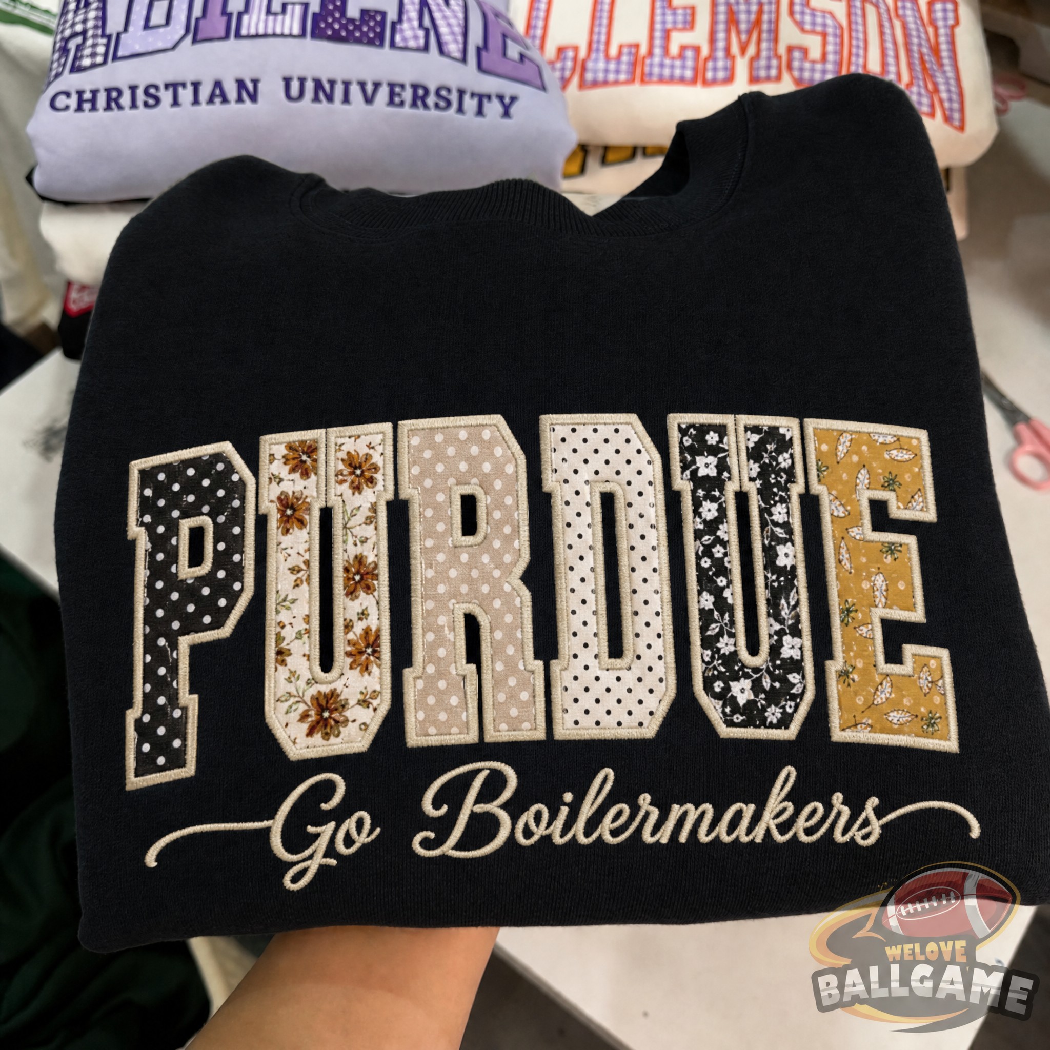 Custom Purdue University Patchwork Fabric Embroidered Sweatshirt, Personalized Floral Varsity College Sweatshirt
