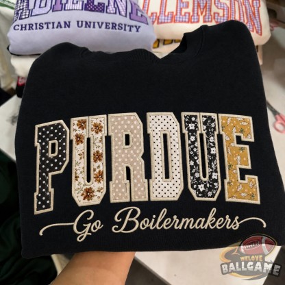 Custom Purdue University Patchwork Fabric Embroidered Sweatshirt, Personalized Floral Varsity College Sweatshirt