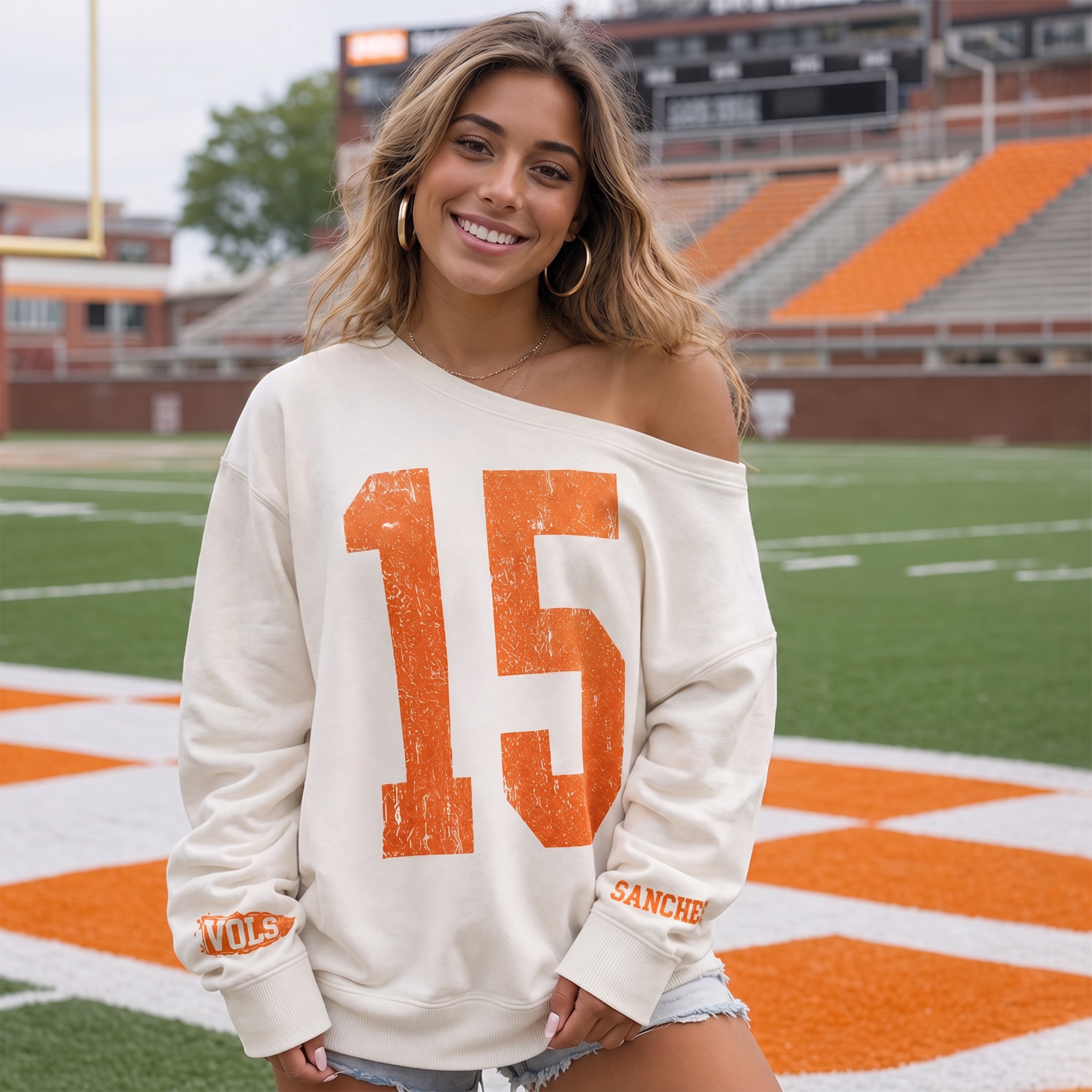 Custom Vintage Varsity Number or Letter Sport Team Off The Shoulder Sweatshirt, Game Day Wear