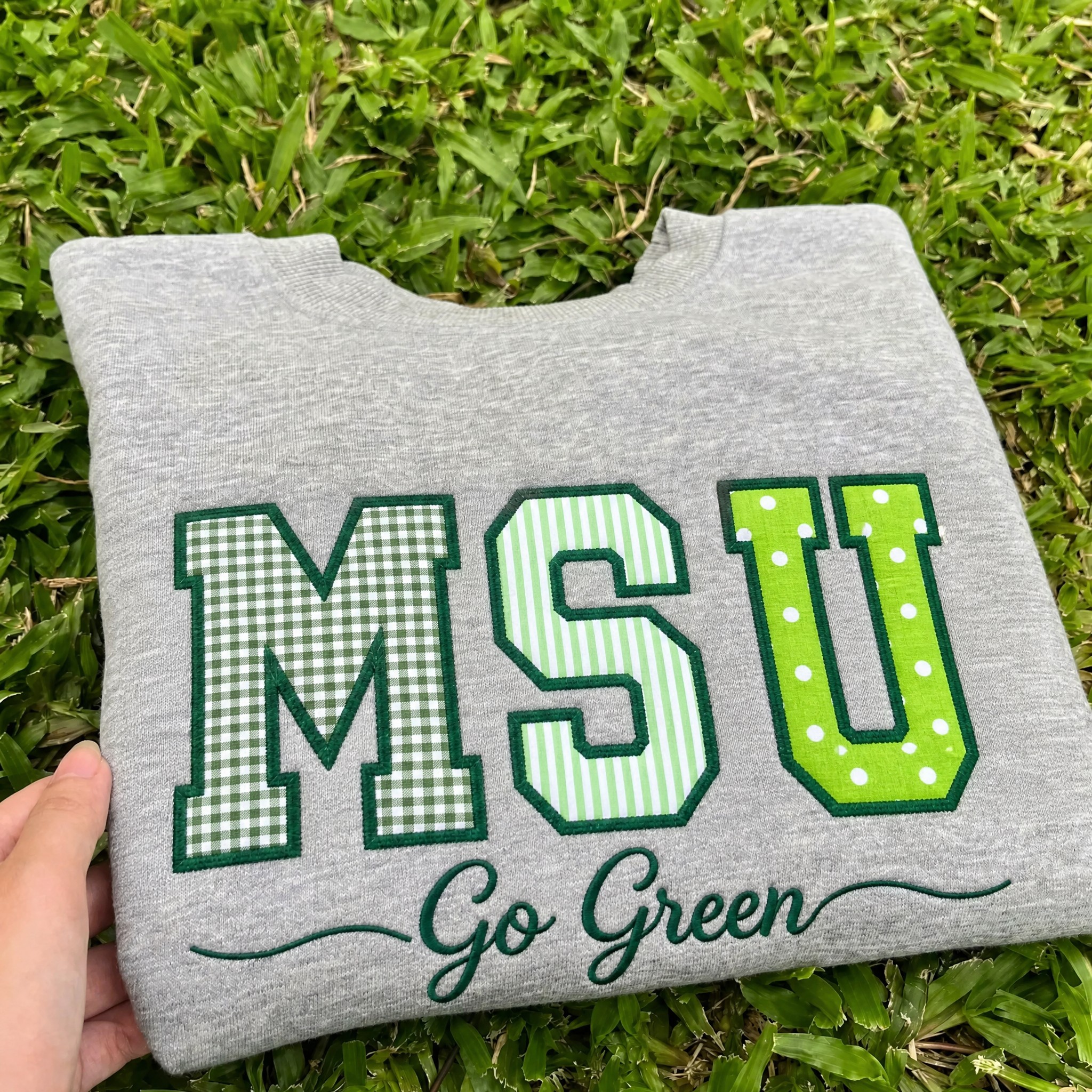 Custom Michigan State Patchwork Fabric Embroidered Sweatshirt, Personalized Floral Varsity College Sweatshirt