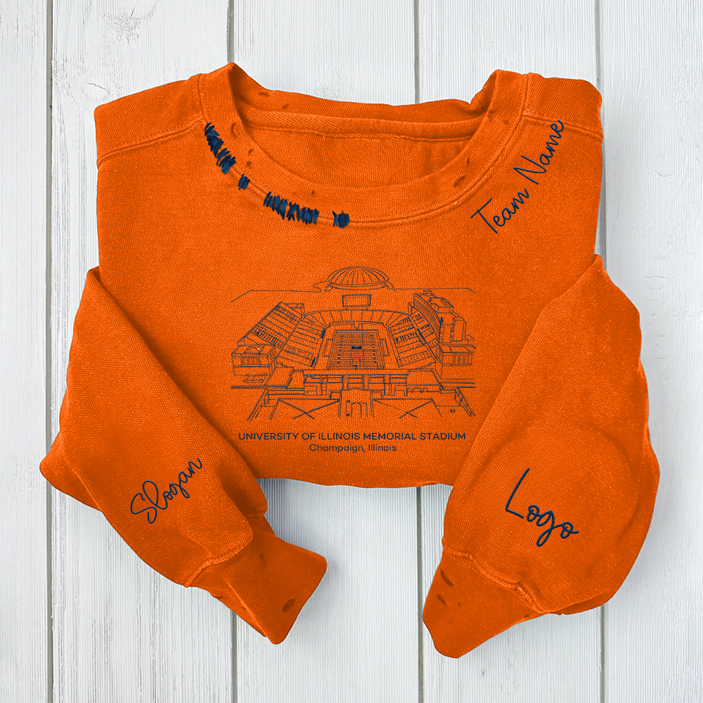 University of Illinois Memorial Stadium-Illinois Fighting Illini football Unisex Distressed Monogram Collar Sleeve Embroidery Chain Stitch Sweatshirt