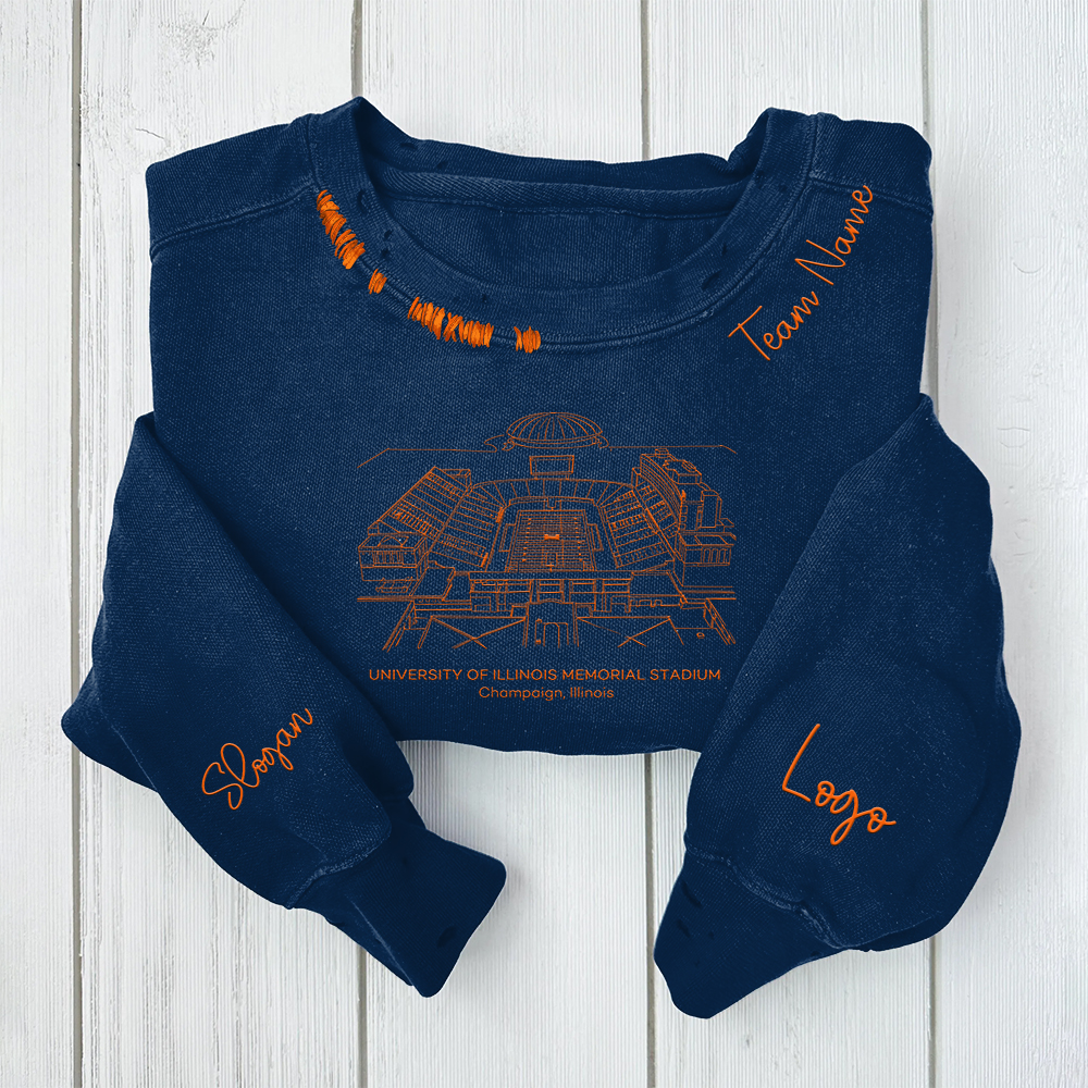 University of Illinois Memorial Stadium-Illinois Fighting Illini football Unisex Distressed Monogram Collar Sleeve Embroidery Chain Stitch Sweatshirt