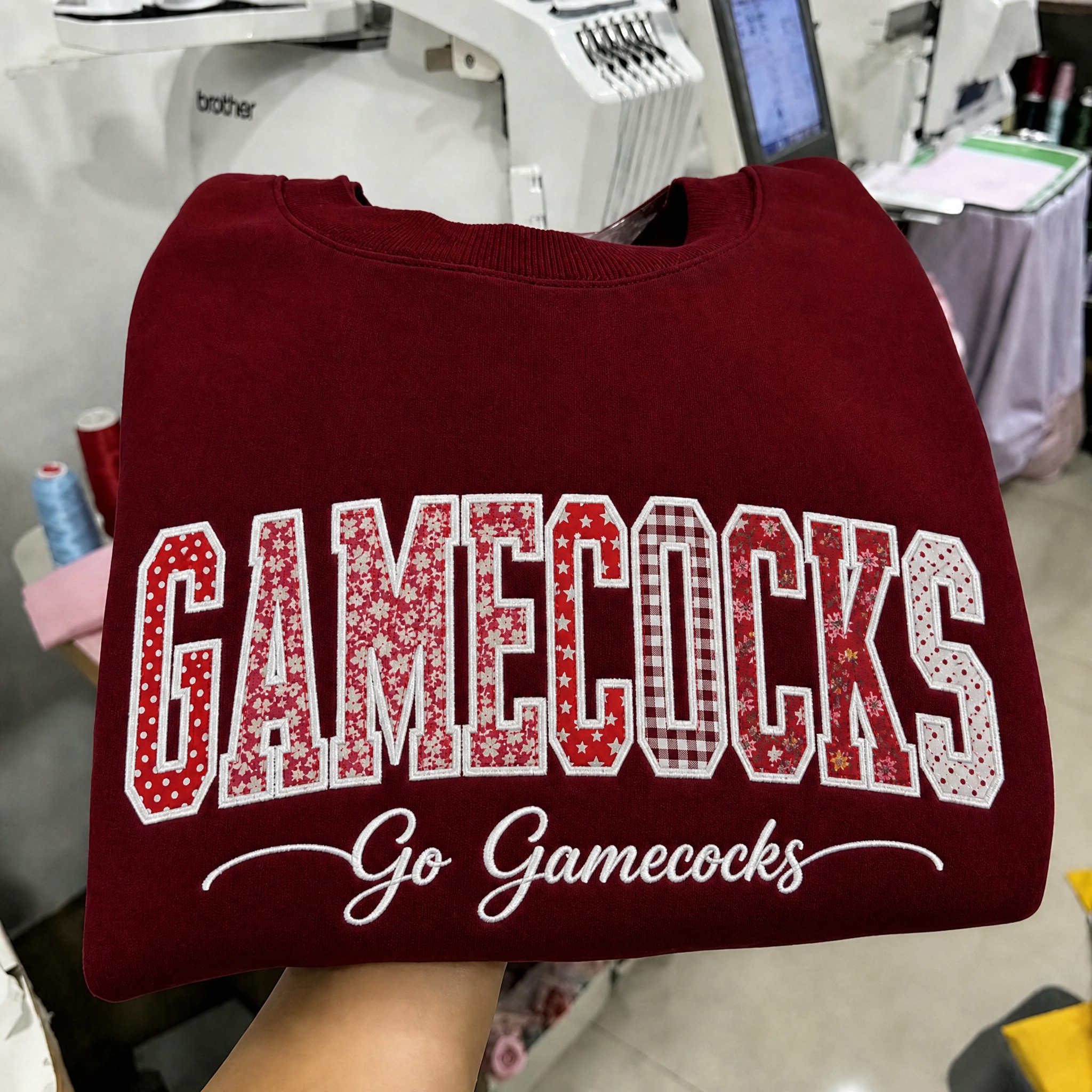 Custom South Carolina Gamecocks Patchwork Fabric Embroidered Sweatshirt, Personalized Floral Varsity College Sweatshirt