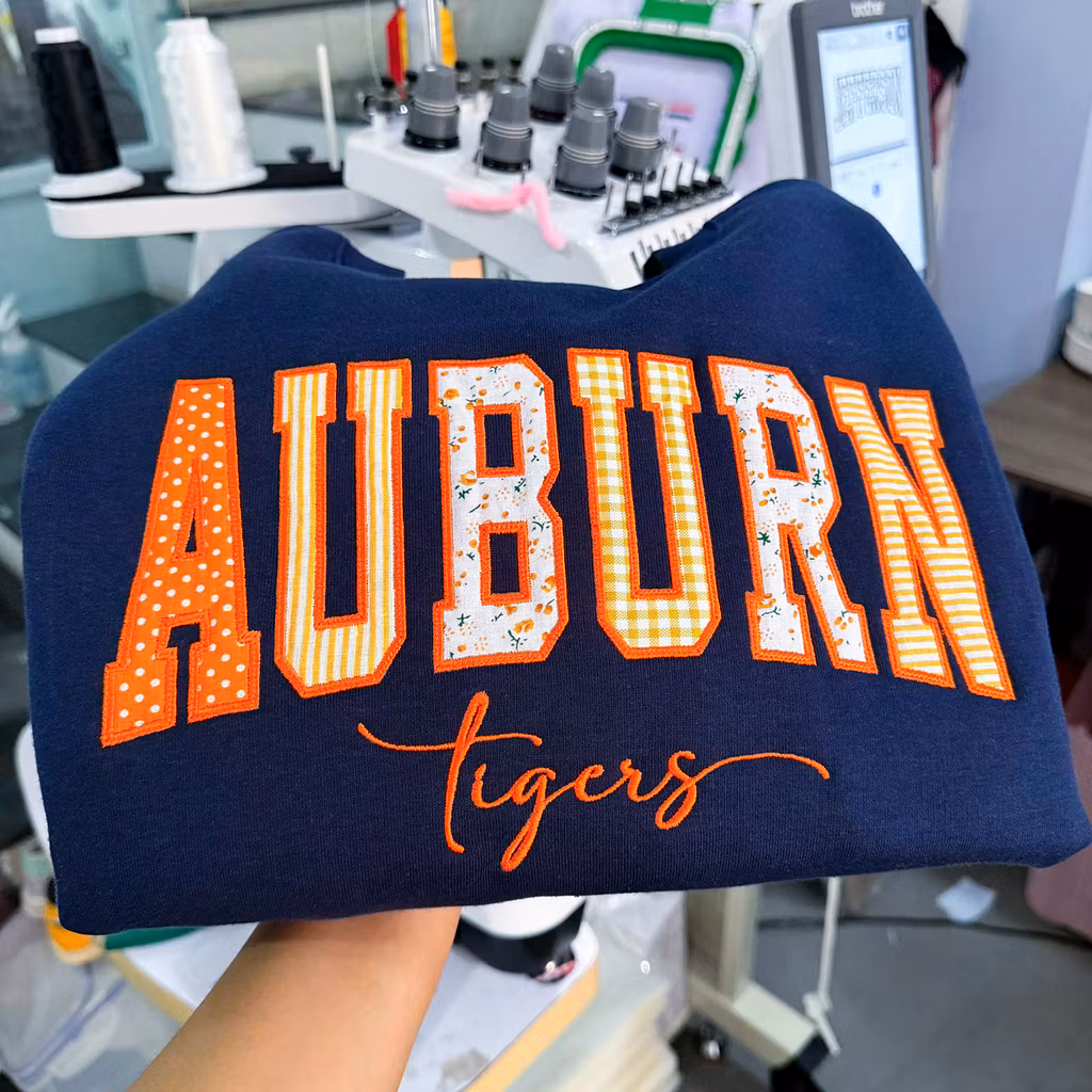 Custom Patchwork Embroidered Sweatshirt, Floral Varsity Crewneck, Personalized College Sweatshirt, Custom Applique Pullover