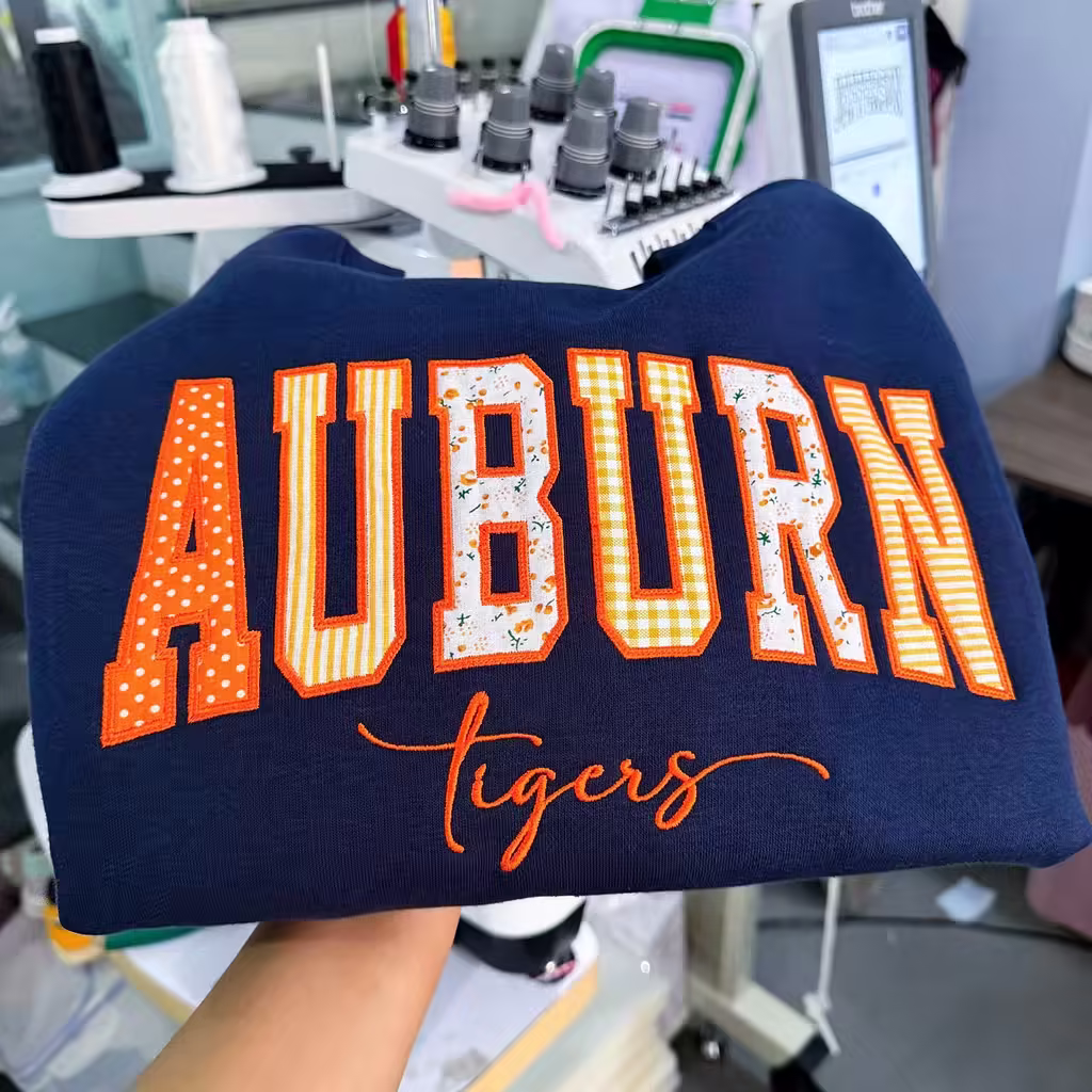 Custom Patchwork Embroidered Sweatshirt, Floral Varsity Crewneck, Personalized College Sweatshirt, Custom Applique Pullover