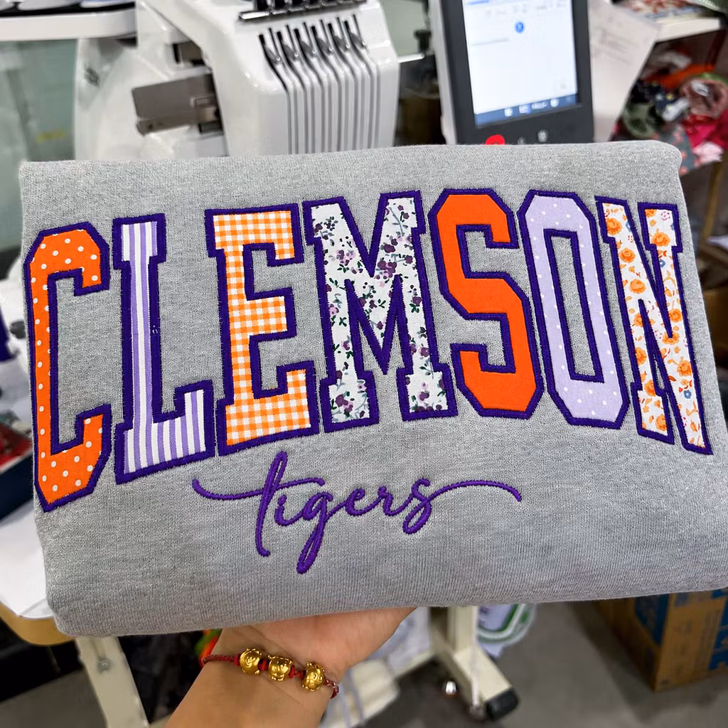 Custom Patchwork Embroidered Sweatshirt, Floral Varsity Crewneck, Personalized College Sweatshirt, Custom Applique Pullover