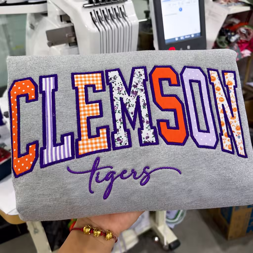 Custom Patchwork Embroidered Sweatshirt, Floral Varsity Crewneck, Personalized College Sweatshirt, Custom Applique Pullover