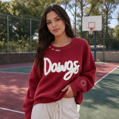 Custom Team Name Chenille Distressed & Ripped Crewneck, Vintage Game Day Style