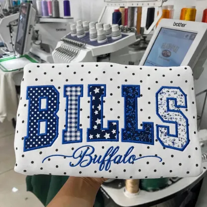 Custom Patchwork Fabric Embroidered Polka Dot Sweatshirt Team and School Name Applique Varsity Letters