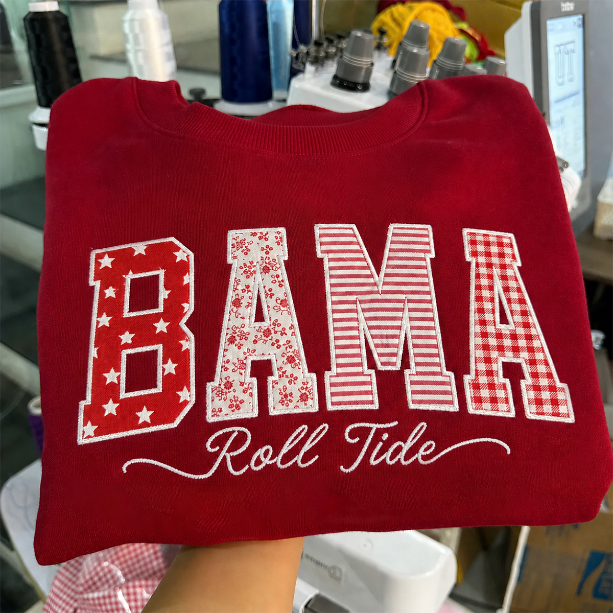 Custom Alabama Patchwork Fabric Embroidered Sweatshirt Team and School Name Applique Varsity Letters