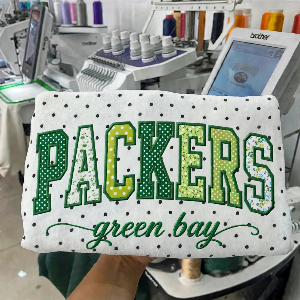 Custom Patchwork Fabric Embroidered Polka Dot Sweatshirt Team and School Name Applique Varsity Letters