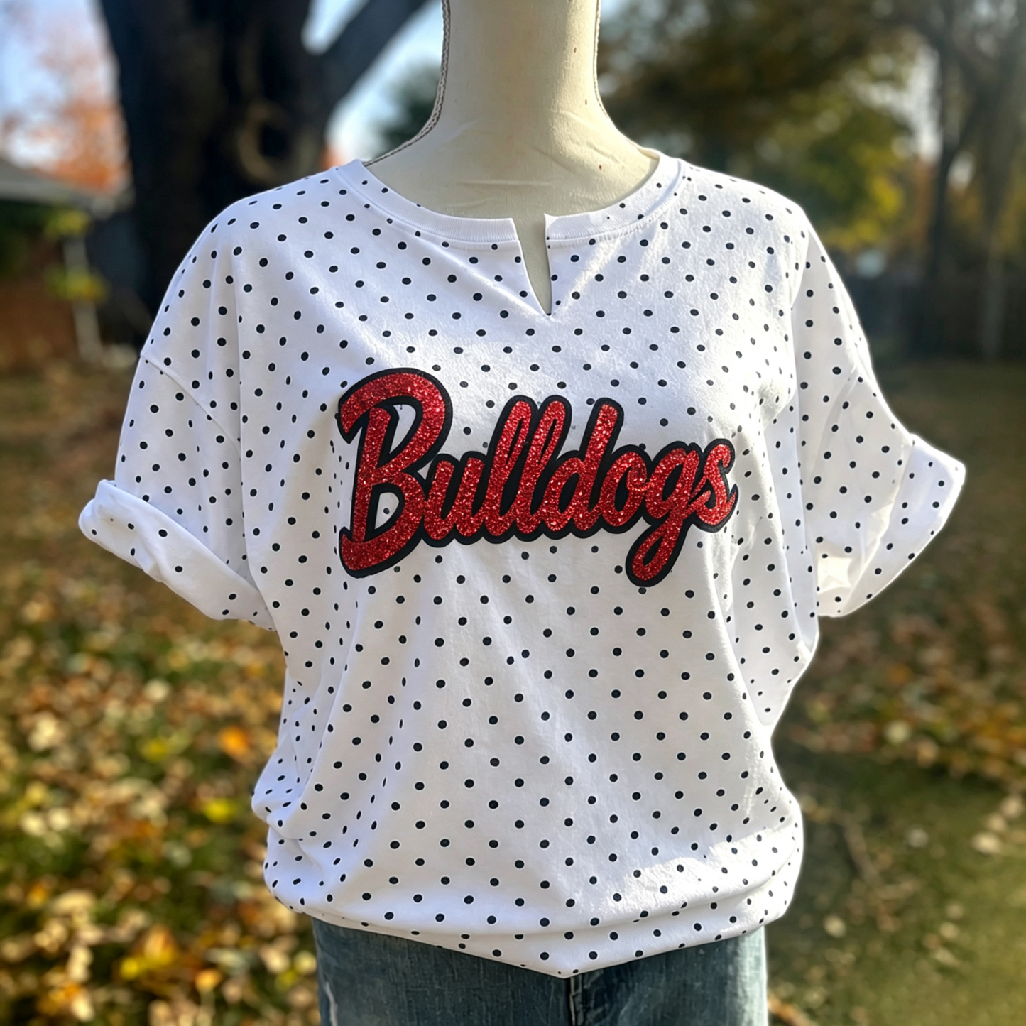 Custom Glitter Embroidery Polka Dot Shirt, Glitter Team Name Sweatshirt, Game Day Mom