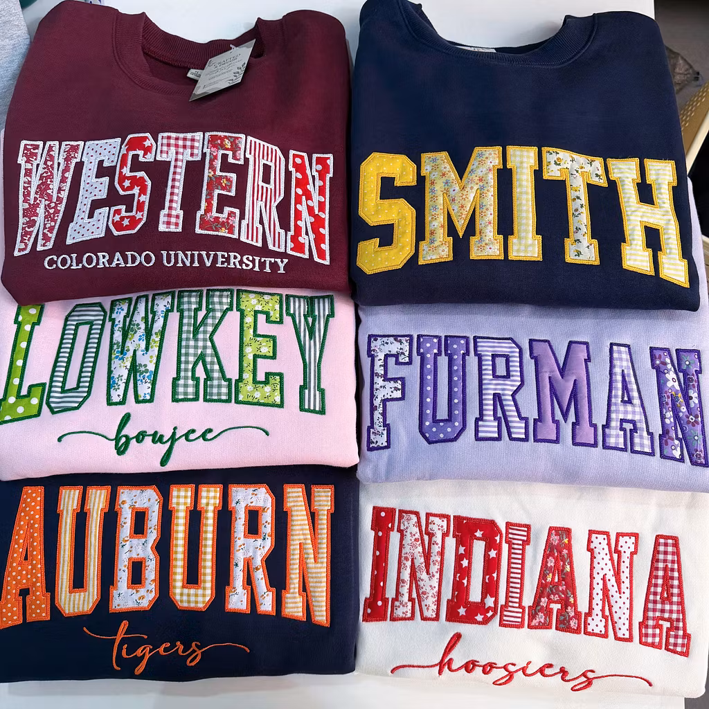 Custom Patchwork Embroidered Sweatshirt, Floral Varsity Crewneck, Personalized College Sweatshirt, Custom Applique Pullover