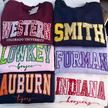 Custom Patchwork Embroidered Sweatshirt, Floral Varsity Crewneck, Personalized College Sweatshirt, Custom Applique Pullover