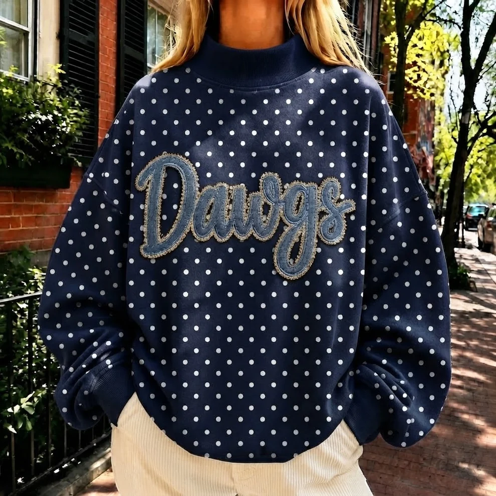 Custom Denim Applique Team Name Polka Dot Mockneck Sport Gifts