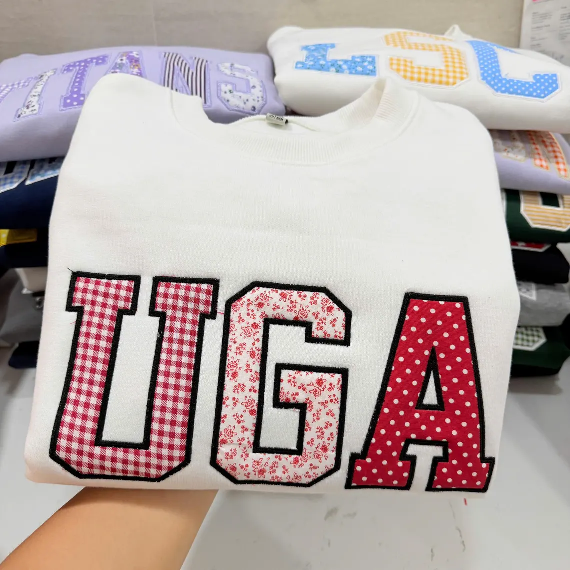 Custom Georgia Patchwork Fabric Embroidered Sweatshirt Team and School Name Applique Varsity Letters