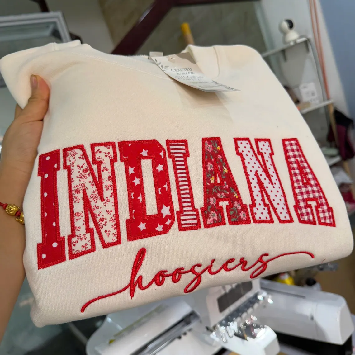Custom Indiana Hoosiers Patchwork Fabric Embroidered Sweatshirt, Personalized Floral Varsity College Sweatshirt
