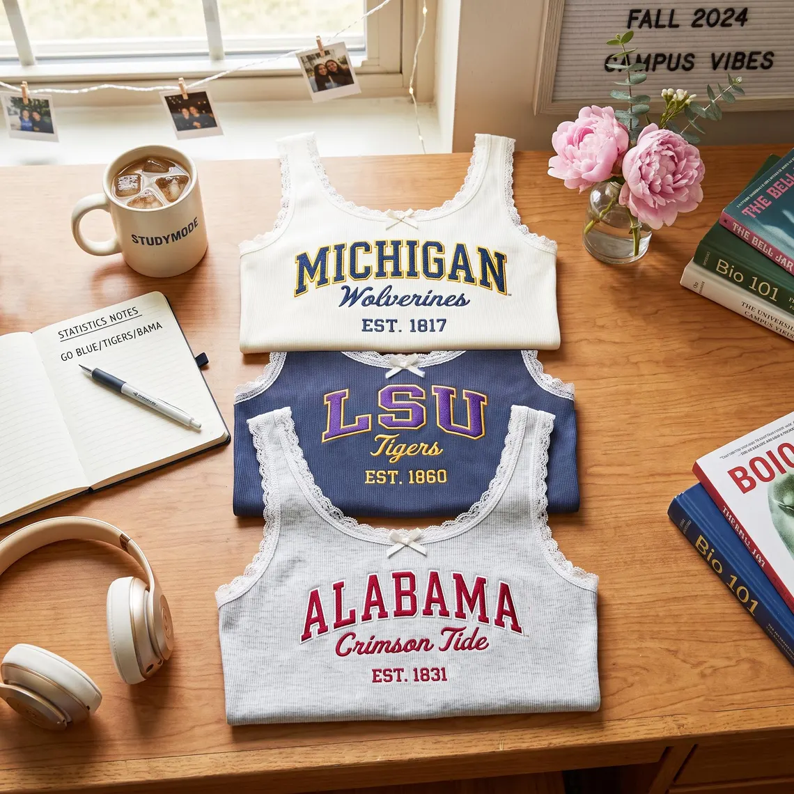 Embroidered Custom University Lace Ribbed Cami, Game Day Tank Top, Retro College Campus Merch