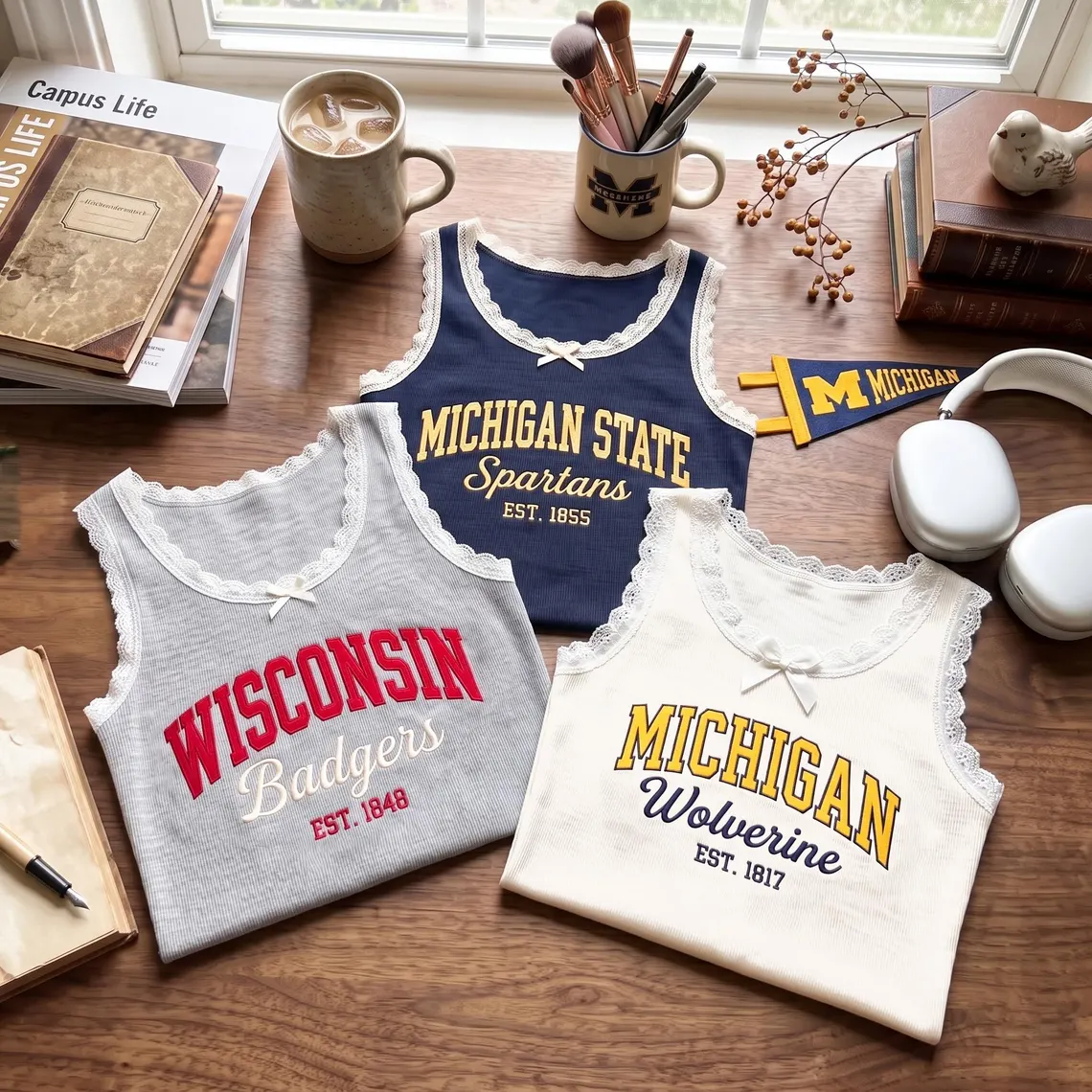 Embroidered Custom University Lace Ribbed Cami, Game Day Tank Top, Retro College Campus Merch