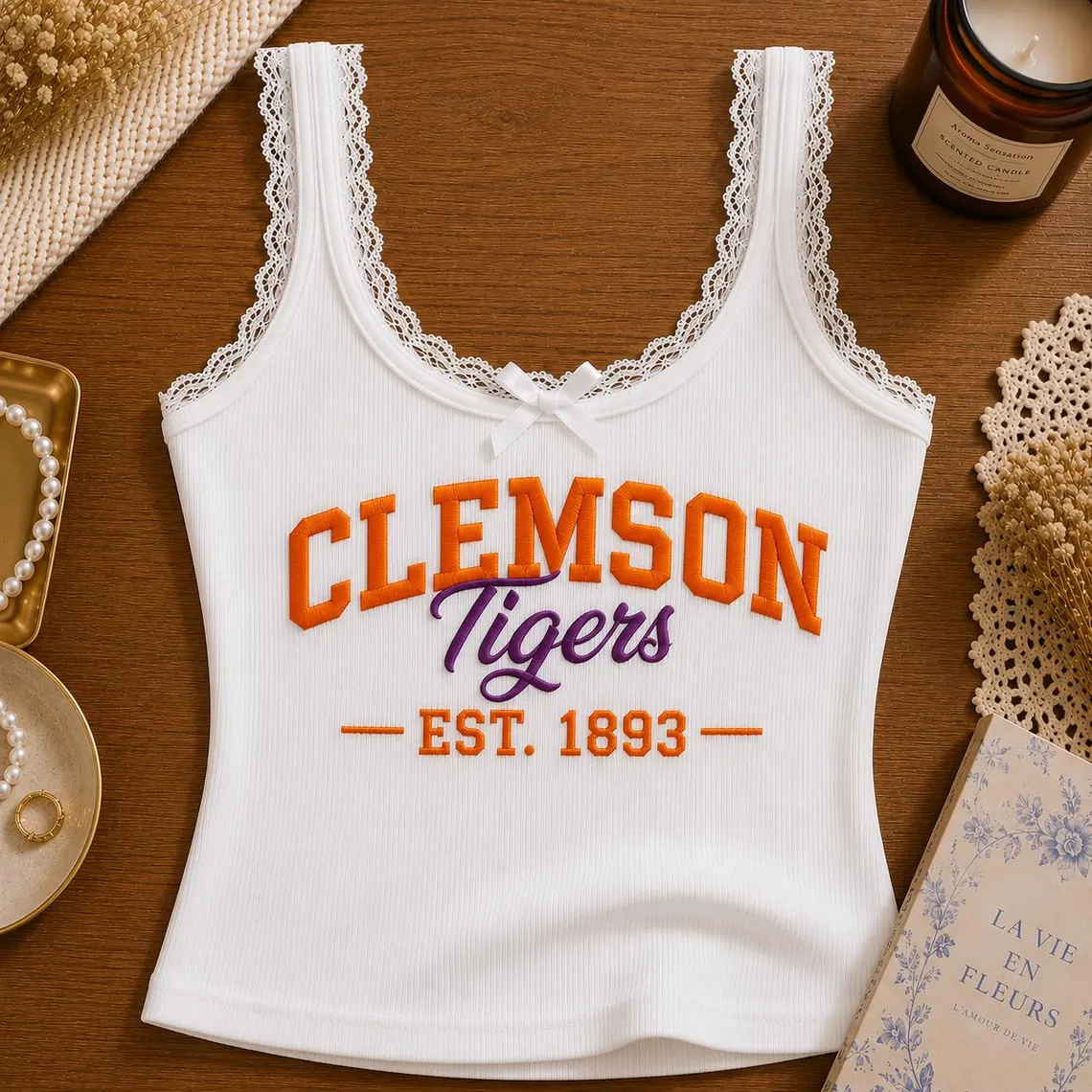 Embroidered Custom University Lace Ribbed Cami, Game Day Tank Top, Retro College Campus Merch