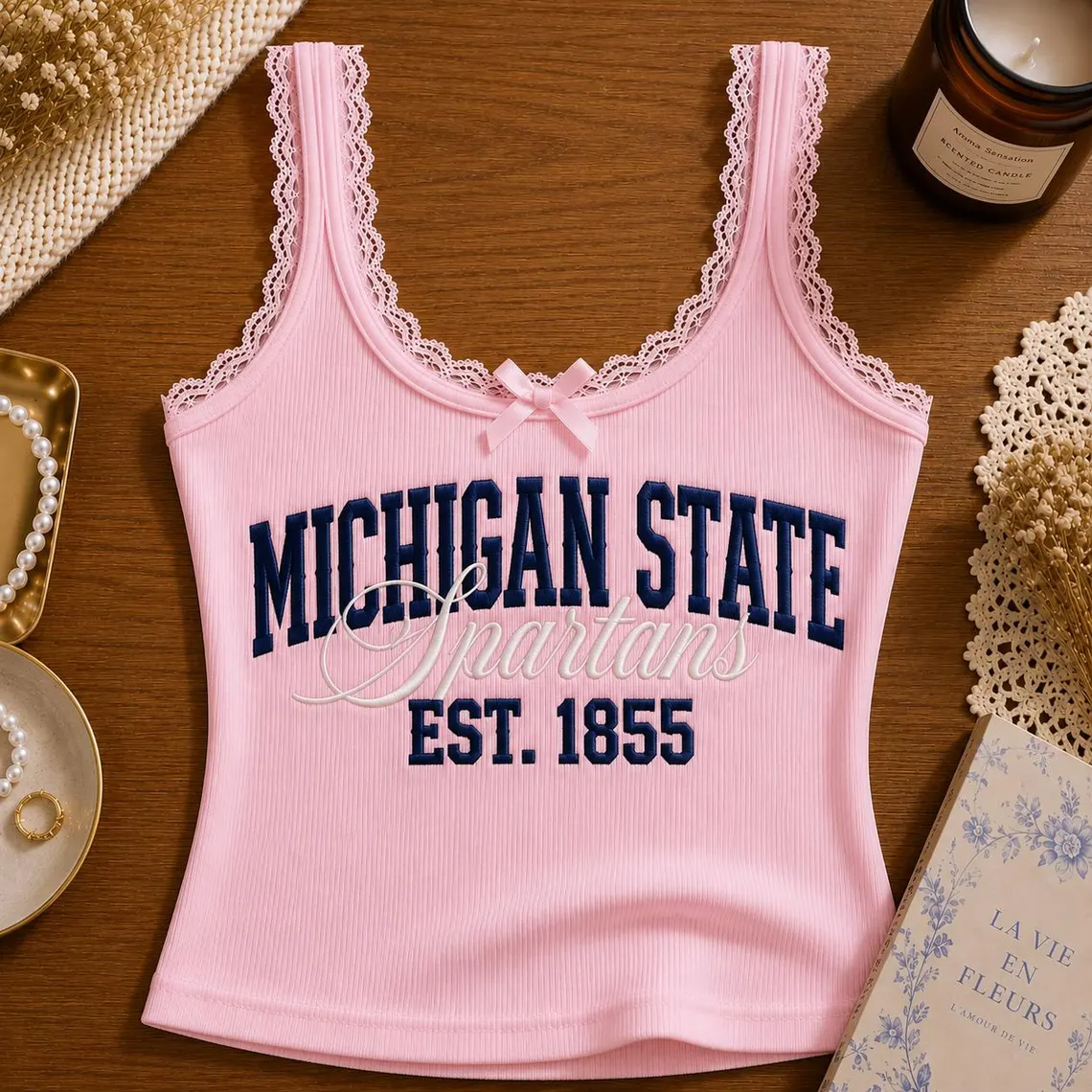 Embroidered Custom University Lace Ribbed Cami, Game Day Tank Top, Retro College Campus Merch