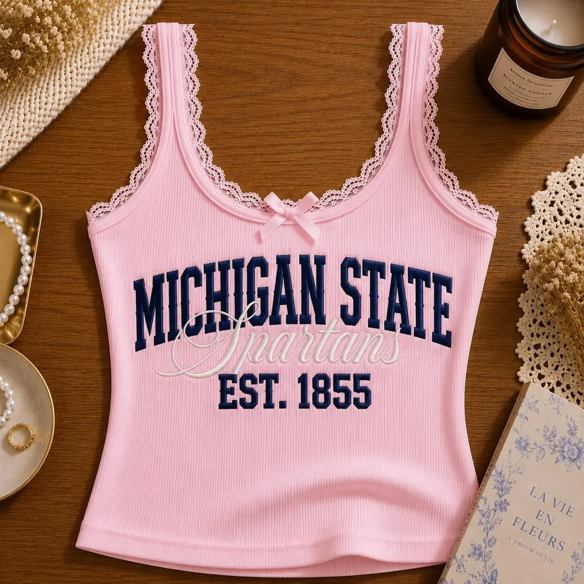 Embroidered Custom University Lace Ribbed Cami, Game Day Tank Top, Retro College Campus Merch