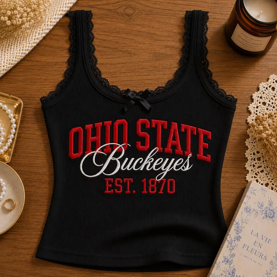 Embroidered Custom University Lace Ribbed Cami, Game Day Tank Top, Retro College Campus Merch