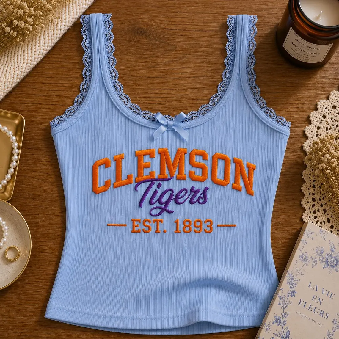 Embroidered Custom University Lace Ribbed Cami, Game Day Tank Top, Retro College Campus Merch