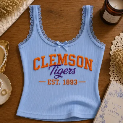 Embroidered Custom University Lace Ribbed Cami, Game Day Tank Top, Retro College Campus Merch