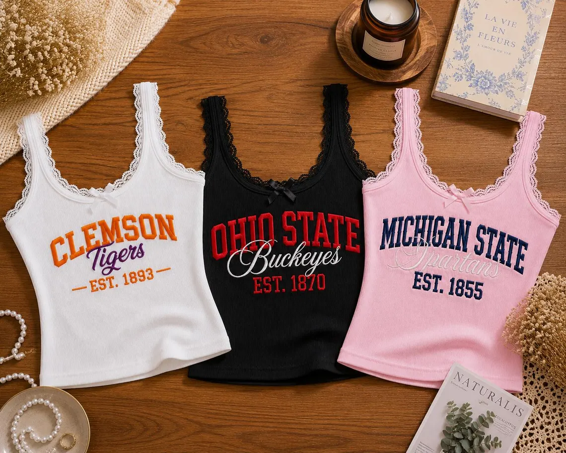 Embroidered Custom University Lace Ribbed Cami, Game Day Tank Top, Retro College Campus Merch